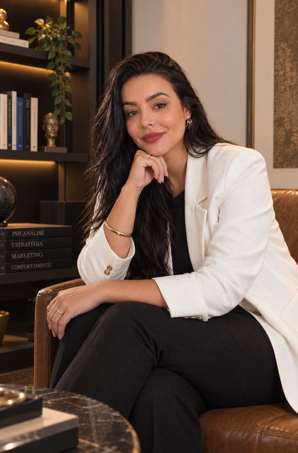 Retrato de Fernanda Siqueira, psicanalista, sentada no consultório.